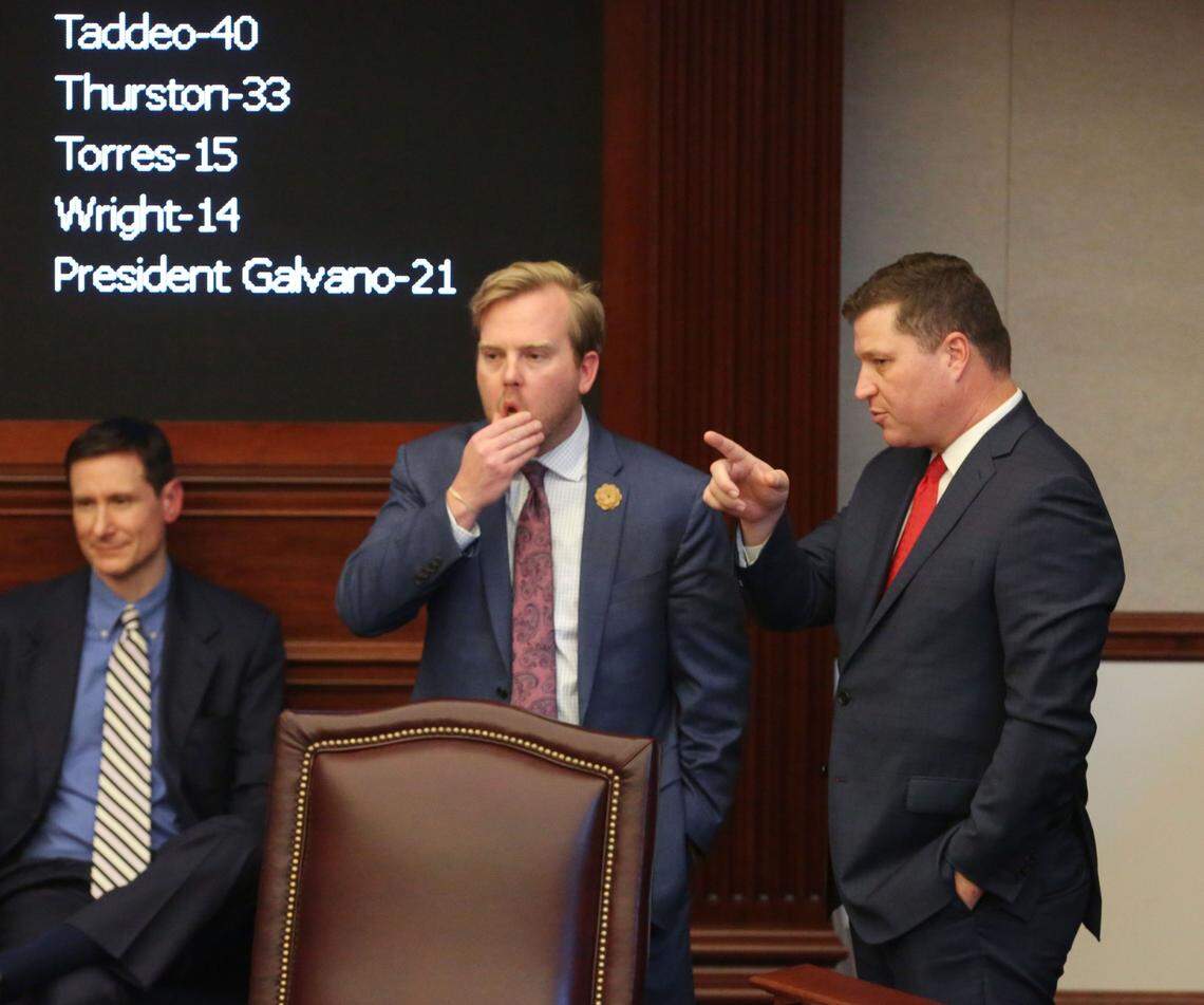 Rep. Jamie Grant, R-Tampa, and Sen. Jeff Brandes, R-St. Petersburg, listen to debate in the Florida Senate last year.