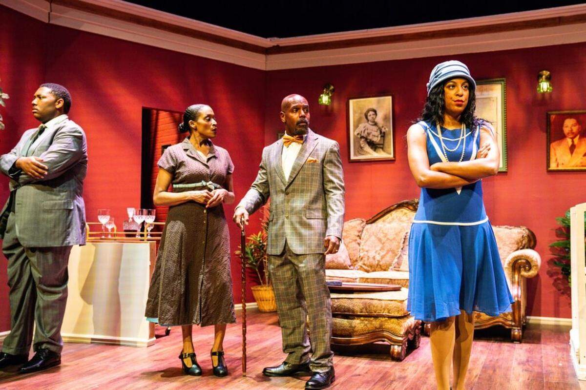 Yolande Du Bois (Dina Lewis), right, is at odds with new husband, Countee Cullen (Cameron Holder), left, while her parents, Nina (Lela Elam) and W.E.B. Du Bois (Charles Reuben) try to figure out what’s going on.