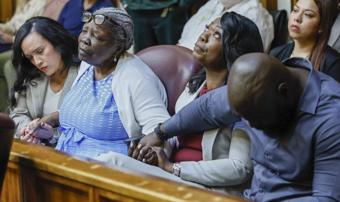 Jeanette Pata, the mother of murder victim Bryan Pata, reacts during the trial of Rashaun Jones, who is accused of killing Pata, his University of Miami football teammate, in 2006. Sitting with her is Bryan’s siblings Ronette Pata and Edwin Pata. Judge Cristina Miranda presiding in Courtroom 4-1 at the Richard E. Gerstein Justice Building on Wednesday, February 18, 2026.
