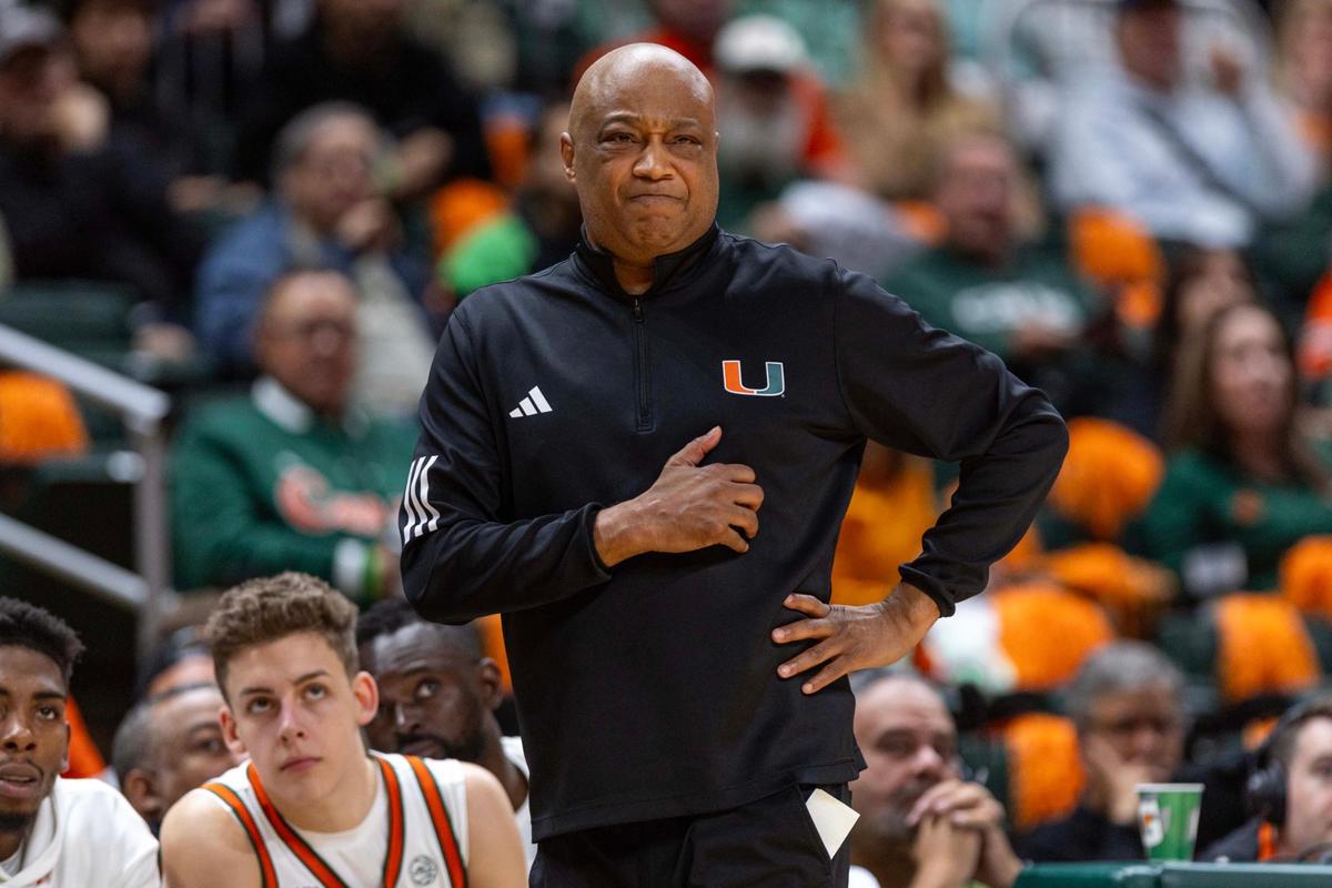 Hurricanes Interim Head Coach Bill Courtney reacts from the sideline during the first half of an NCAA basketball game agains the Florida State Seminoles at Watsco Center on Wednesday, January 8, 2025, in Coral Gables, Fla.