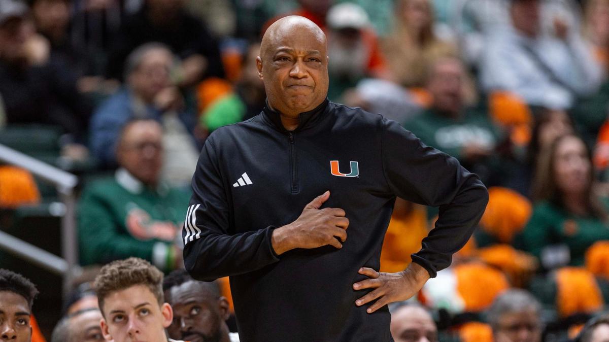 Hurricanes Interim Head Coach Bill Courtney reacts from the sideline during the first half of an NCAA basketball game agains the Florida State Seminoles at Watsco Center on Wednesday, January 8, 2025, in Coral Gables, Fla.