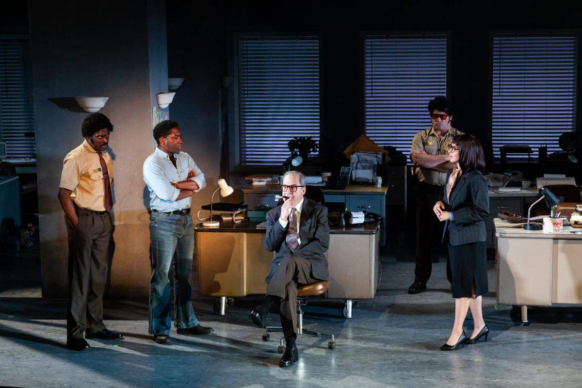 Stephen Trovillion, center, as the medical examiner Dr. Ron, with Jovon Jacobs as Bobby, Roderick Randle as Arthur McDuffie, Krystal Millie Valdes as the defense attorney and Rene Granado as police officer Vivic in Miami New Drama’s “Dangerous Days.”