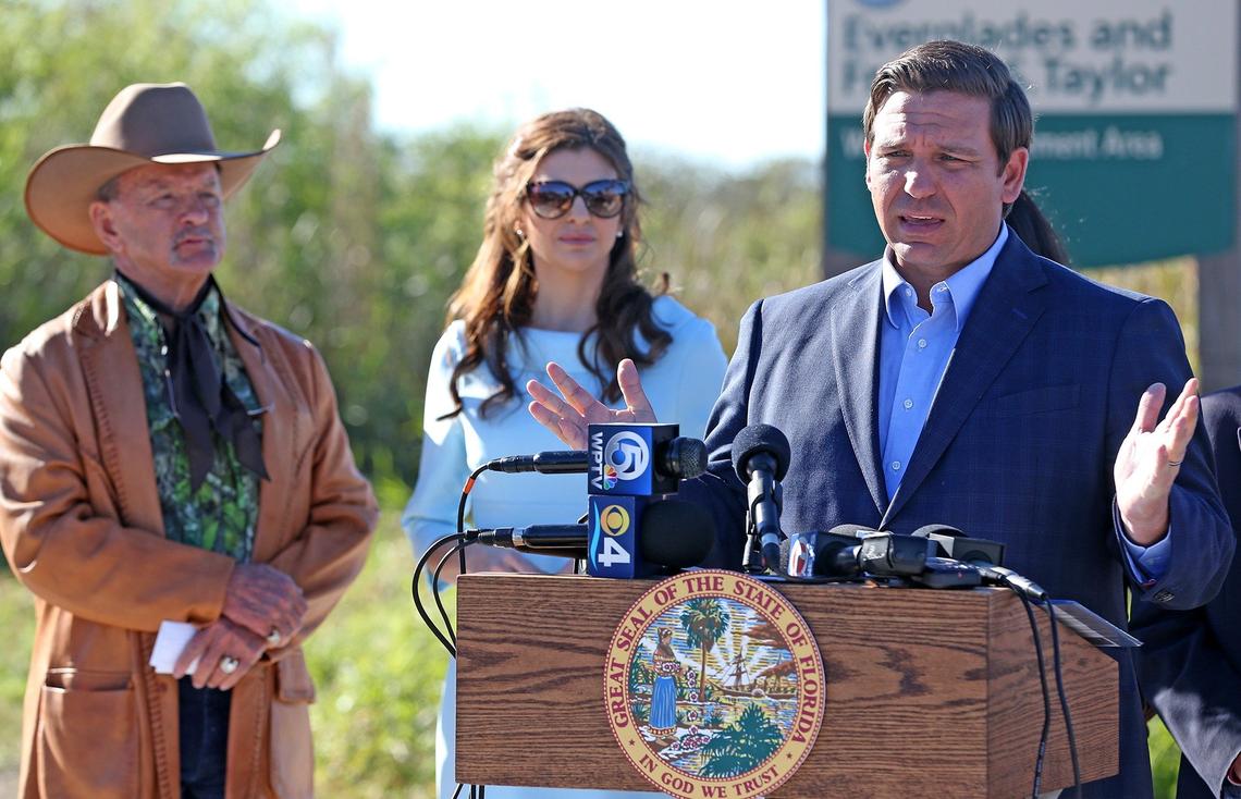 Florida Gov. Ron DeSantis holds a press conference in Broward at Everglades Holiday Park to reveal an environmental spending plan, Jan. 29, 2019. Desantis is accompanied by his wife Casey and Everglades activist ‘Alligator’ Ron Bergeron.