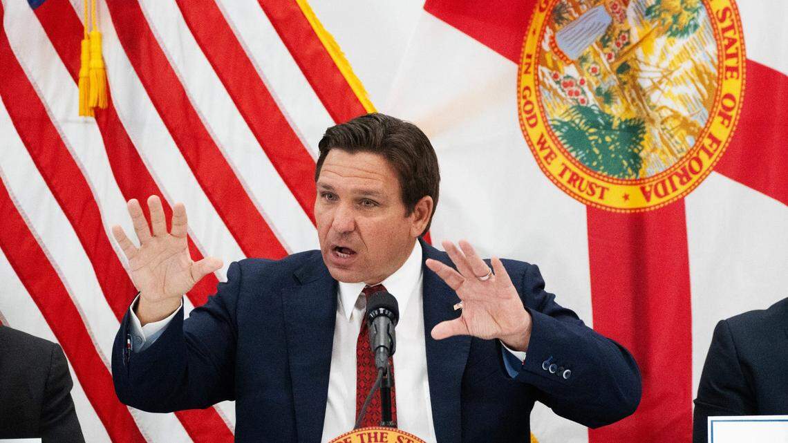 Florida Gov. Ron DeSantis speaks during a roundtable event at Florida Gulf Coast University on Wednesday, Jan. 29, 2025.
