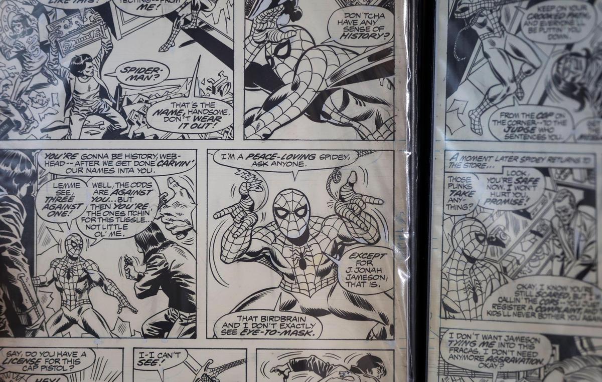 Two pages of original art by Ross Andru, pages 14 and 15 of The Amazing Spider-Man issue 184, are up for sale at A&M Comics and Books on Friday, Jan. 24, 2025, in Miami.