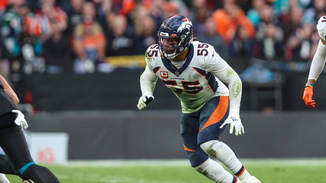 Denver Broncos linebacker Bradley Chubb (55) runs to the ball during an NFL football game against the Jacksonville Jaguars at Wembley Stadium in London on Sunday, Oct. 30, 2022. Broncos defeated the Jaguars 21-17. (AP Photo/Gary McCullough)