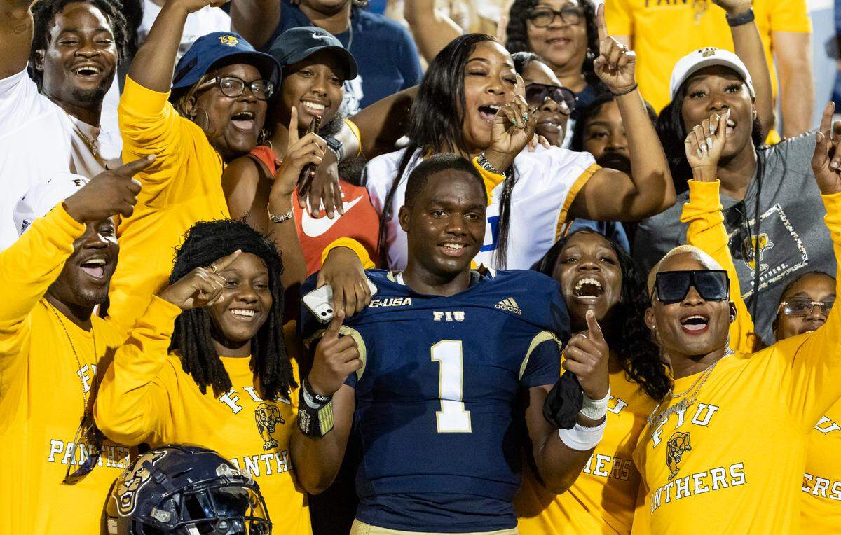 FIU Panthers quarterback Keyone Jenkins (1) celebrates after defeating the Maine Black Bears 14-12 in their NCAA DI football game at the FIU Football Stadium on Saturday, Sept. 2, 2023, in Miami, Fla.