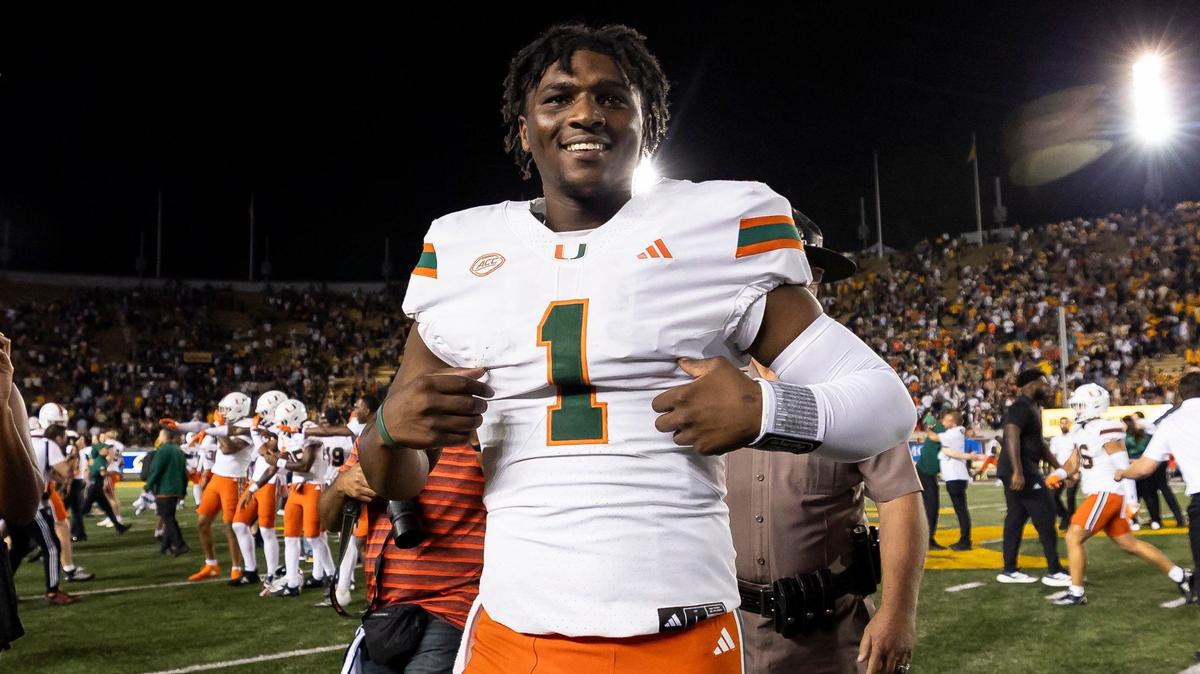 Miami Hurricanes quarterback Cam Ward (1) reacts after winning his NCAA college football game against the California Golden Bears at the California Memorial Stadium on Saturday, Oct. 5, 2024, in Berkeley, Calif.
