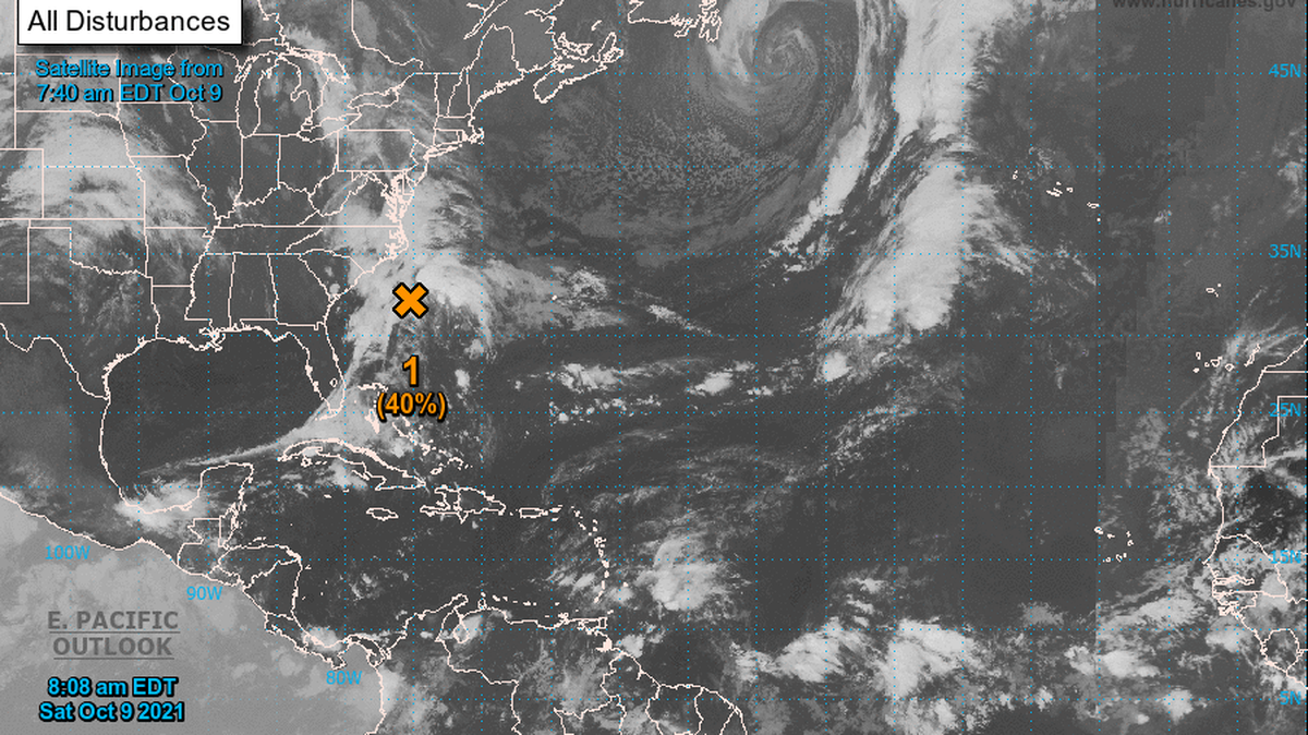 The National Hurricane Center in Miami’s 8 a.m. Saturday, Oct. 9, 2021, advisory map eyes a low off North Carolina’s coast.