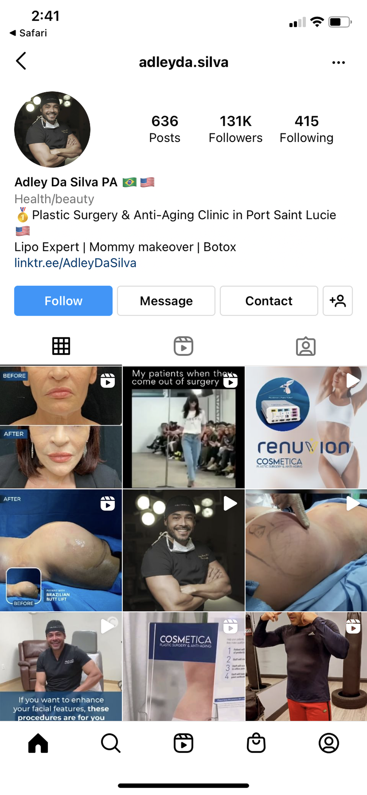 A Friday, June 10, screenshot of Adley Da Silva’s Instagram page, which declares the physician assistant is a “Lipo Expert.” Emergency orders say his only training as far as liposuction was a two-day course in Colombia.