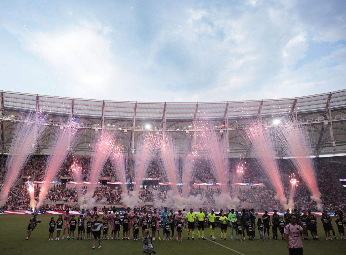 Inter Miami CF and Philadelphia Union stand on the field during the National Anthem prior to the game on Sunday, May 24, 2026, at Nu Stadium at Miami Freedom Park in Miami, Fla.