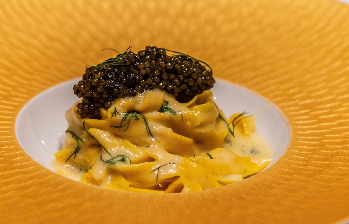 Caviar carbonara made with rye fettuccine, Kaluga Schrenckii caviar and dill by Chef Danny Ganem, who has also created a sensational seasonal pasta omakase menu.
