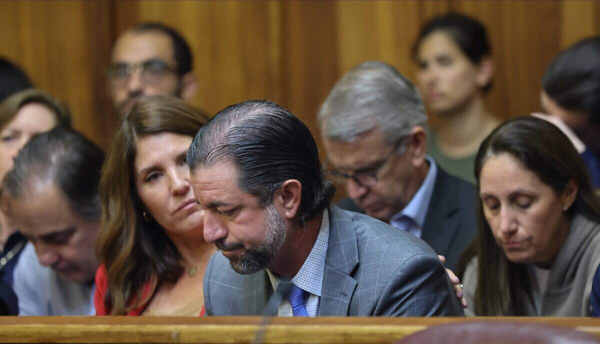 Malissa Fernandez, comforts her husband, Andres, center, as they appeared in court in the second day of opening statements on Tuesday, June 9, 2026. Pino is charged in connection to the crash that killed 17-year-old Lucy Fernandez.