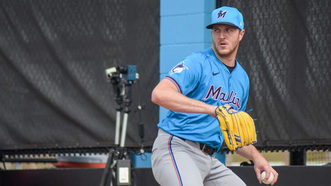 Miami Marlins left-handed pitcher Trevor Rogers throws a bullpen session during a spring training workout on Friday, Feb. 16, 2024, at the Roger Dean Chevrolet Stadium complex in Jupiter, Florida.