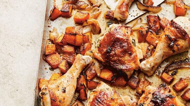 Roasted chicken meets sweet butternut squash for this sheet pan dinner