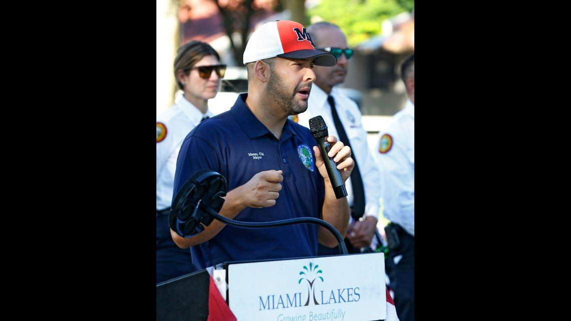 Miami Lakes Mayor Manny Cid speaks during presentation Waves of Flags ceremony to honor the heroes whose lives were lost on September 11, 2001 on Sunday September 11, 2022 at Veterans Park in Miami Lakes.
