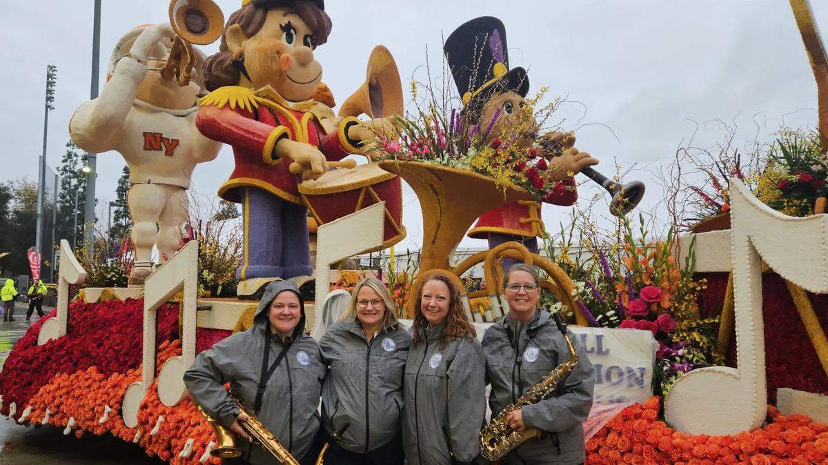 Joy Harden, second from right, with the other Florida band directors, played her piccolo in the Band Directors Marching Band for the 2026 Rose Parade.
