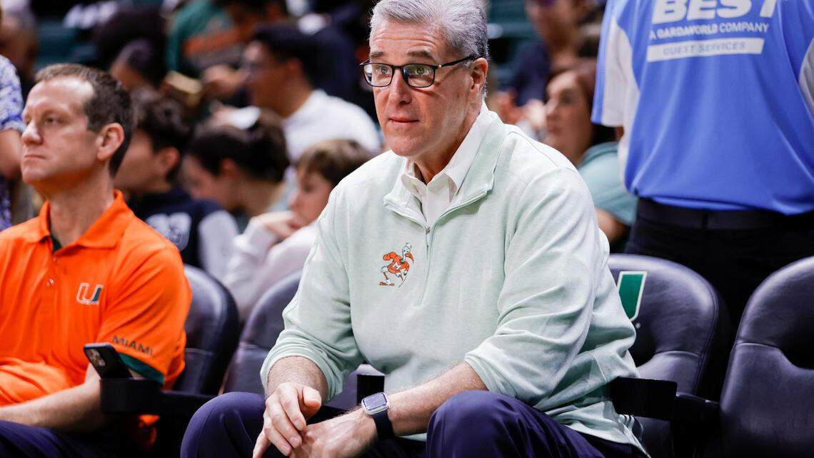 Miami Hurricanes athletic director Dan Radakovich watches a basketball game between the Miami Hurricanes and the St. Francis Red Flash at the Watsco Center in Coral Gables, Florida, on Saturday, December 17, 2022.