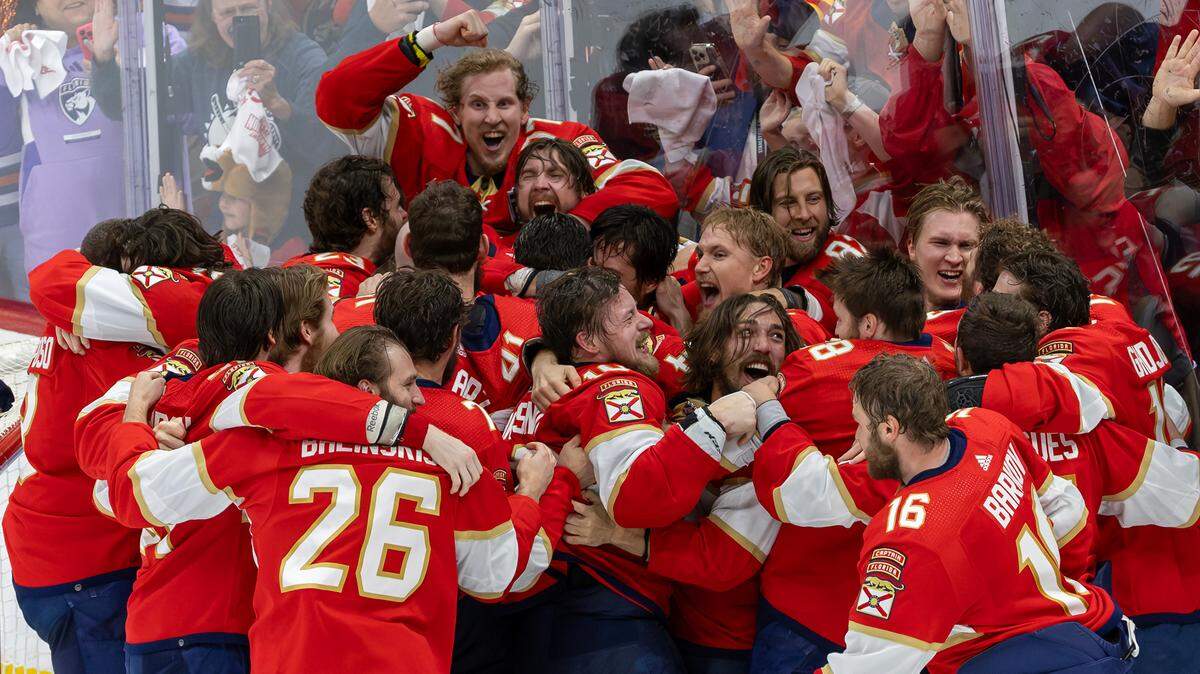 Florida Panthers players celebrates after defeating the Edmonton Oilers in Game 7 of the NHL Stanley Cup Final at the Amerant Bank Arena on Monday, June 24, 2024, in Sunrise, Fla.