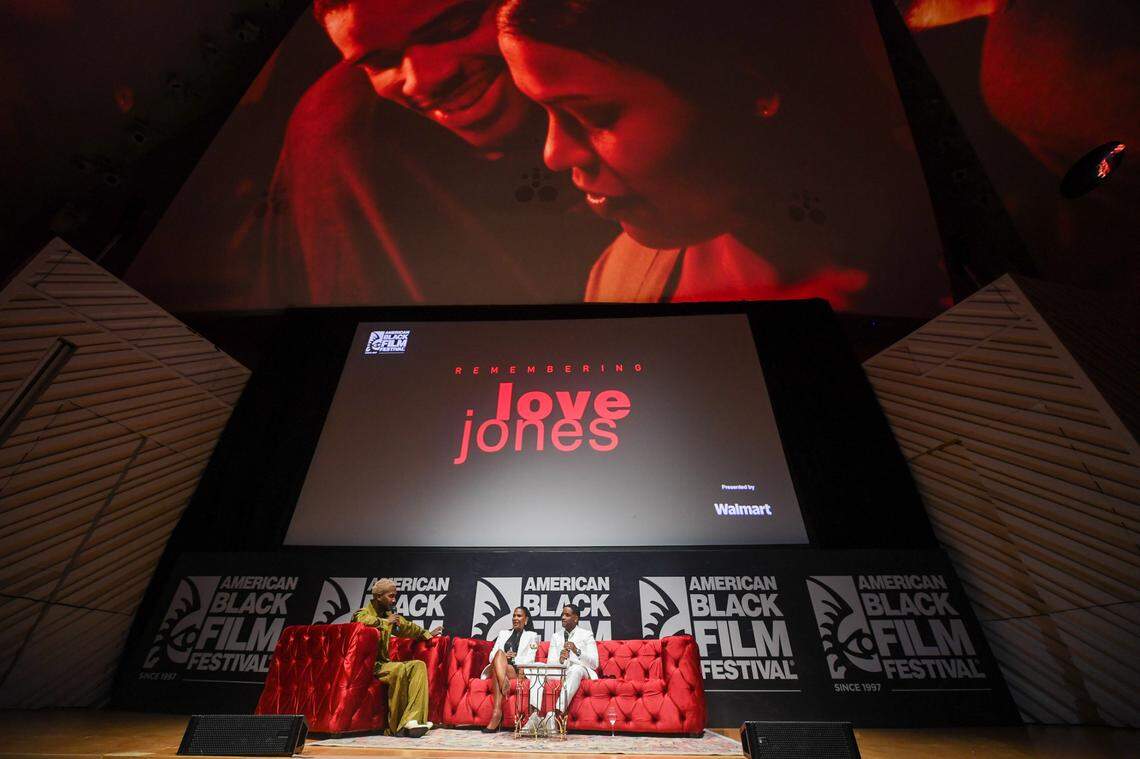 Nia Long and Larenz Tate discuss the lasting impact of their film “Love Jones” with Access Hollywood co-host Scott Evans at New World Center as part of the American Black Film Festival.
