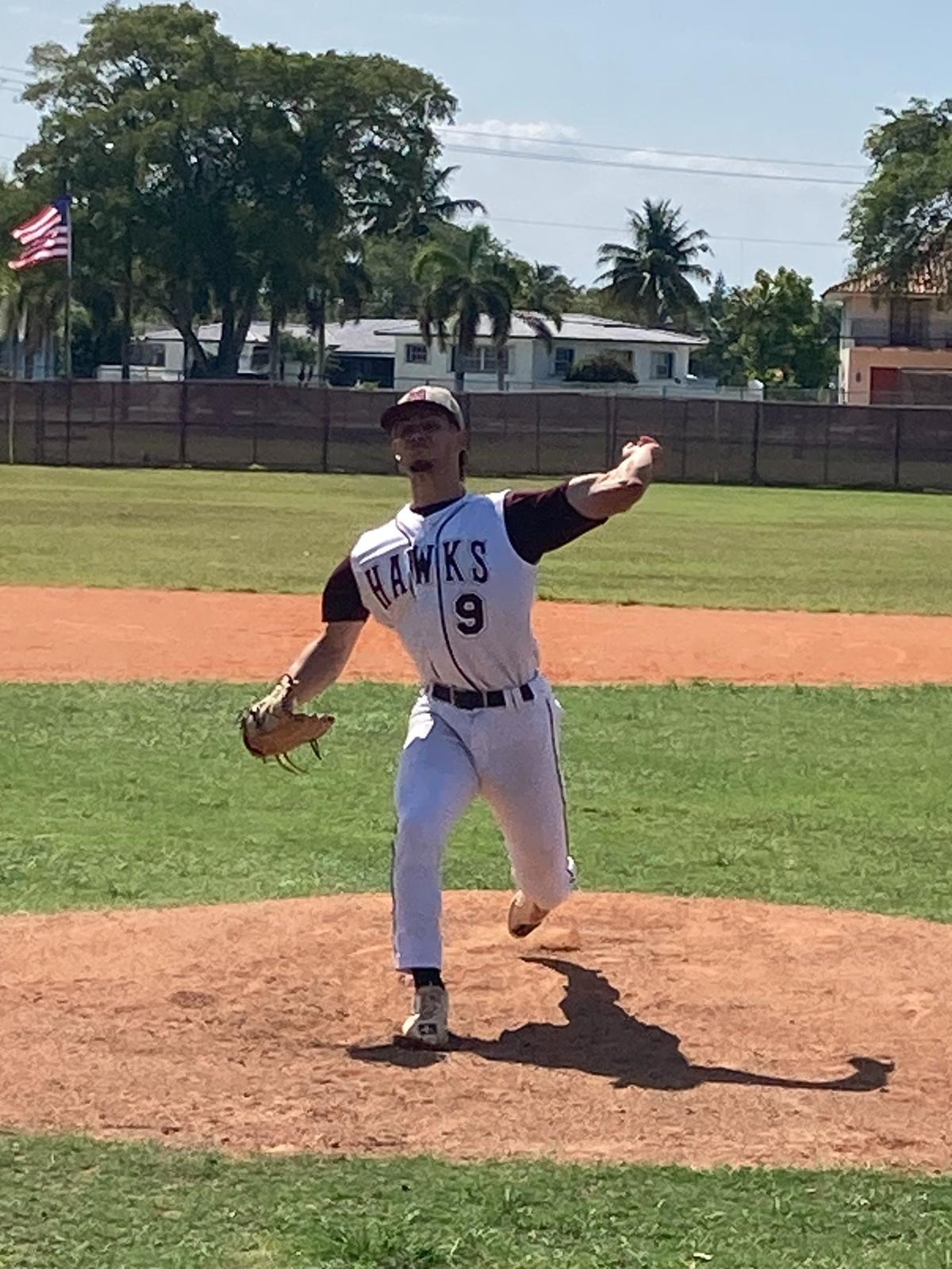 Miami Springs pitcher Magdiel Estevez dominated from first pitch to last pitch as he gave up just two hits and struck out 10 to lead the Hawks to a 5-0 victory over St. Brendan in the clinching game of the Region 4-3A final series.