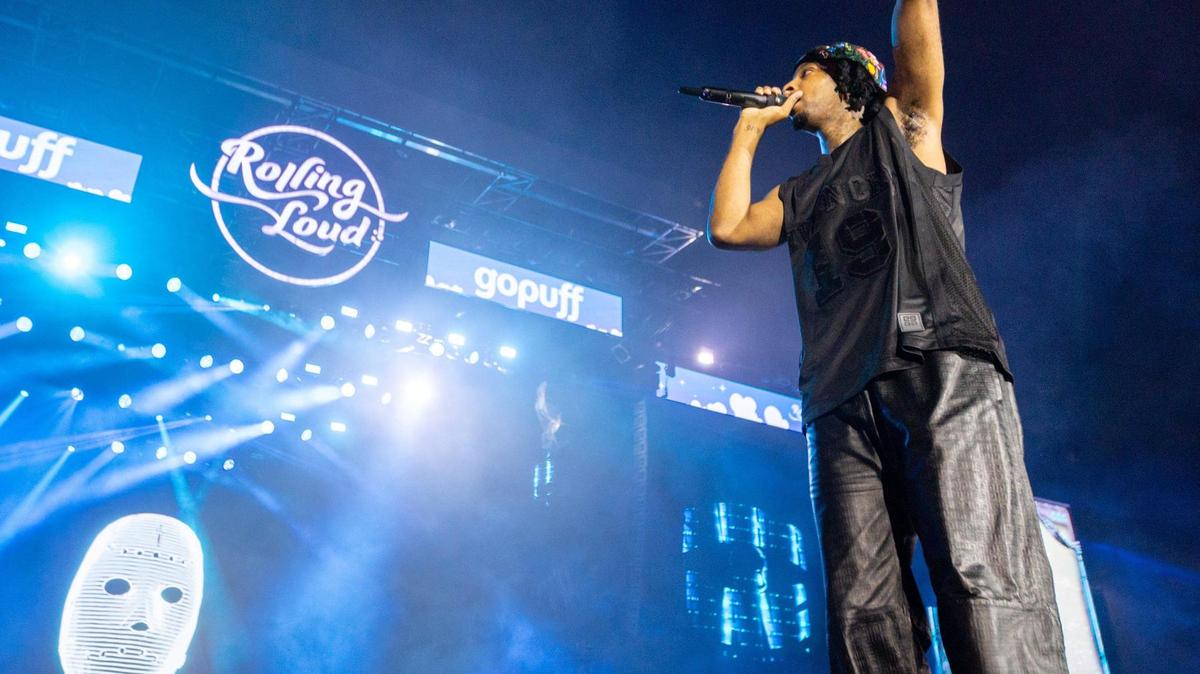 Rapper 21 Savage performs on the goPuff MainStage during day two of Rolling Loud Miami 2023 at Hard Rock Stadium in Miami Gardens, Florida, on Saturday, July 22, 2023.