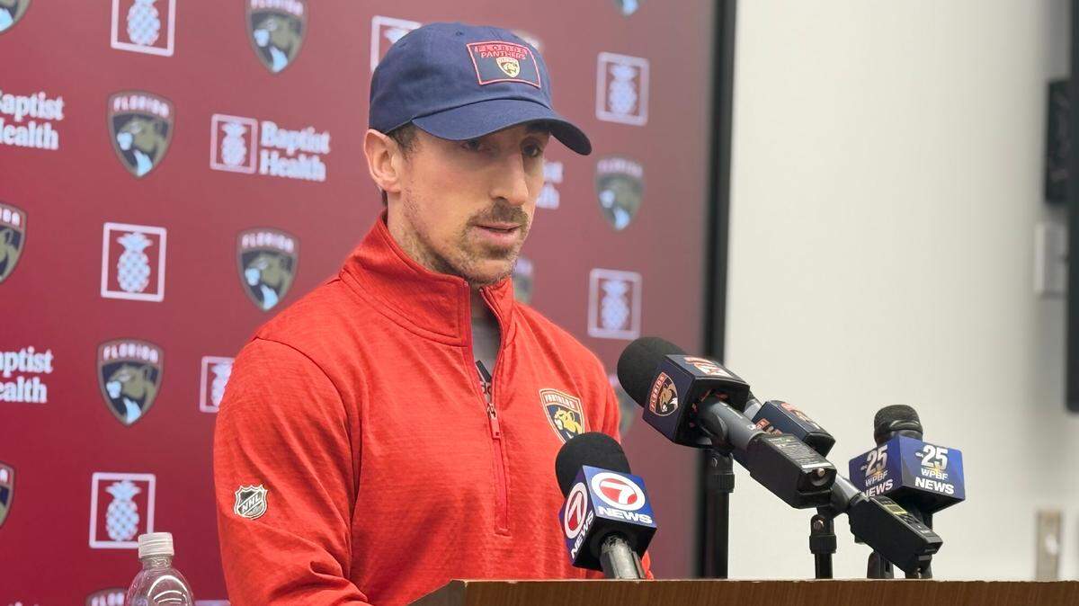Florida Panthers forward Brad Marchand speaks during his introductory press conference on Monday, March 10, 2025, at the Baptist Health IcePlex in Fort Lauderdale, Florida.