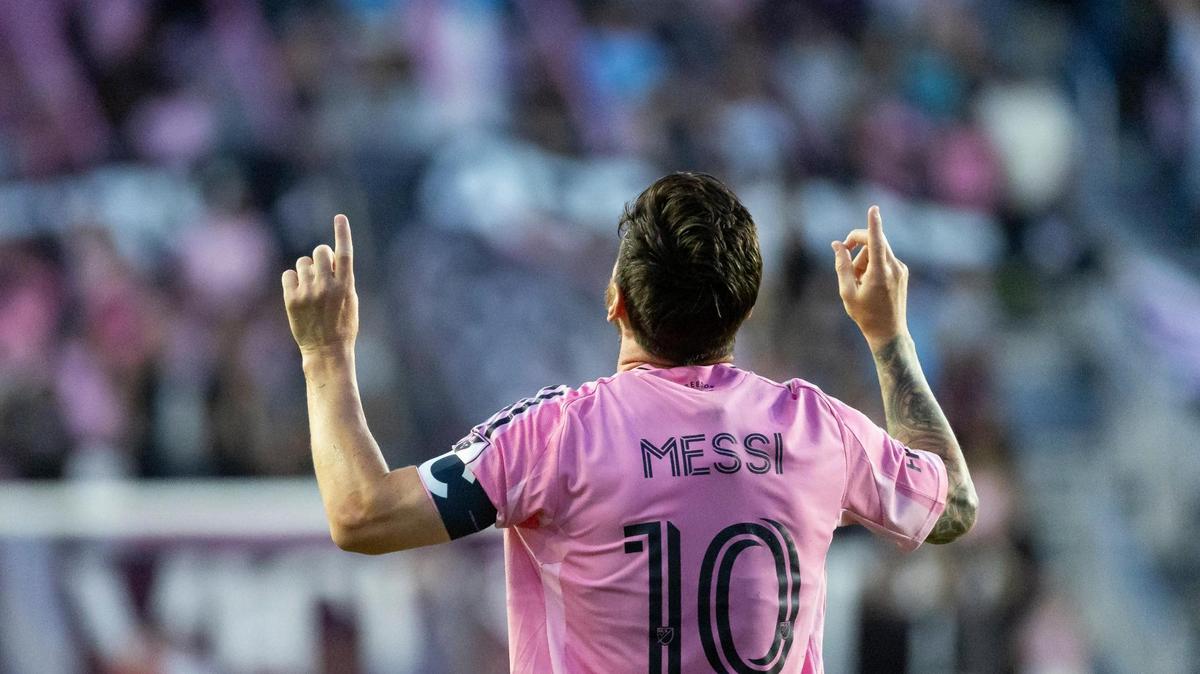 Inter Miami forward Lionel Messi (10) celebrates after scoring a goal against Nashville SC in the first half of their MLS match at Chase Stadium on Saturday, July 12, 2025, in Fort Lauderdale, Fla.