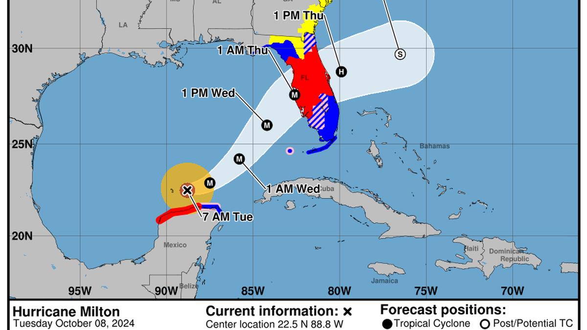 Most of Florida is on alert for a hit from Category 3 Hurricane Milton in this National Hurricane Center forecast map on Tuesday morning, Oct. 8, 2024.