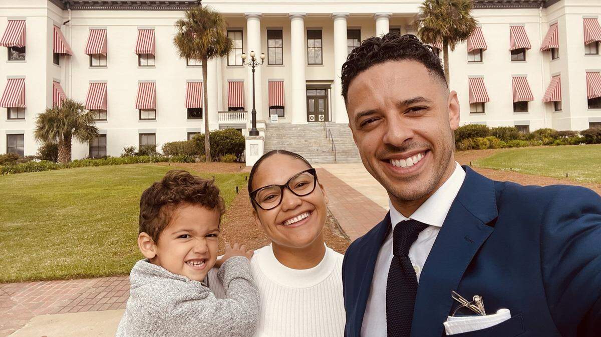 Daniel Foganholi, who previously represented District 5 on the Broward County School Board and was appointed by Gov. DeSantis on Thursday, Dec. 22, to represent District 1 on the School Board, poses with his wife and son on a photo he shared on his Twitter profile April 1, 2022.