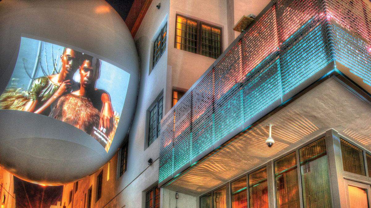 The Betsy’s Orb Poetry Rail projected Pride Poets Light the Night by Christopher Barker during Miami Beach Gay Pride 2017.