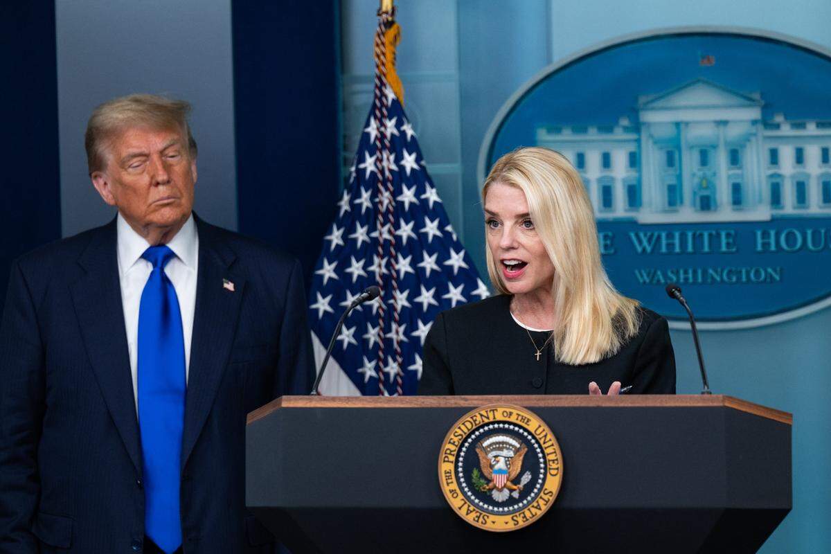 U.S. Attorney General Pam Bondi speaks at a press briefing with President Donald Trump and U.S. Deputy Attorney General Todd Blanche, not seen, in the White House in Washington on Friday, June 27, 2025. Bondi has come under fire after the Justice Department shut down the investigation of Jeffrey Epstein in early July.