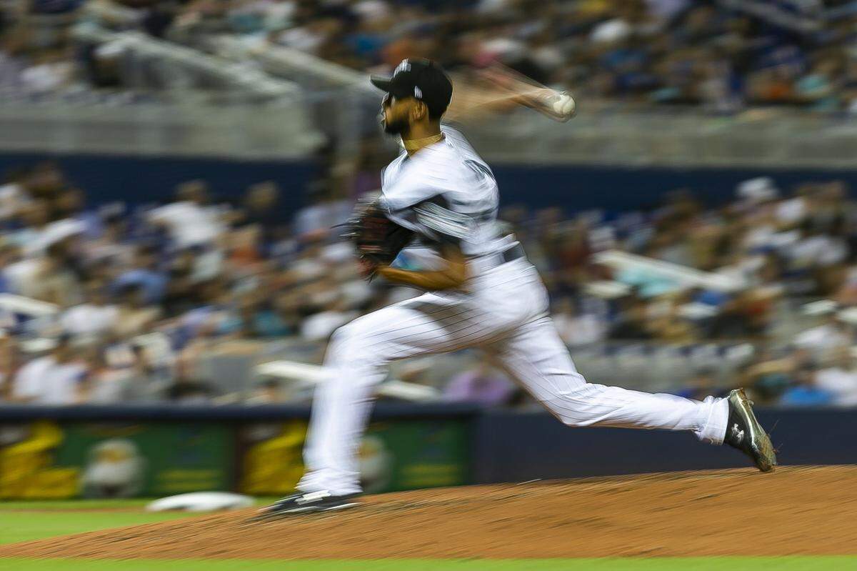 Miami Marlins starting pitcher Sandy Alcantara (22) pitches against the Arizona Diamondbacks in the fifth inning of a baseball game at Marlins Park in Little Havana on Friday, July 26, 2019.