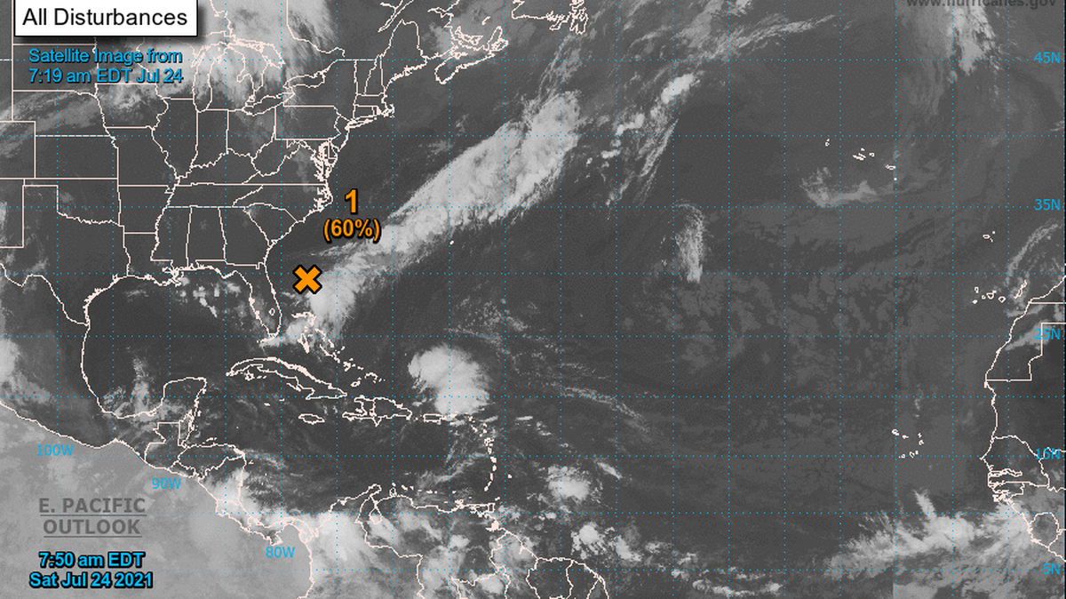 National Hurricane Center’s 8 a.m. Saturday, July 24th map shows disturbance near Daytona Beach.