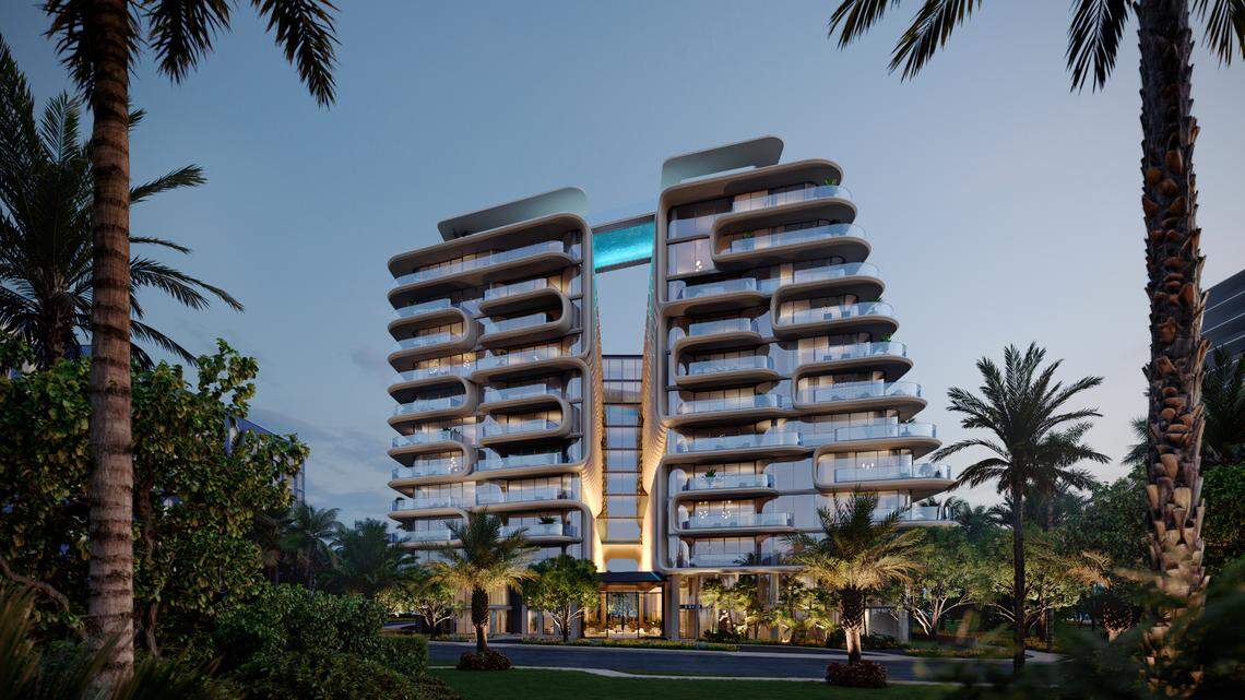 A rendering shows plans for The Delmore, an ultra-luxury condo building with units starting at $15 million, at the site of the 2021 condo collapse at 8777 Collins Ave. in Surfside.