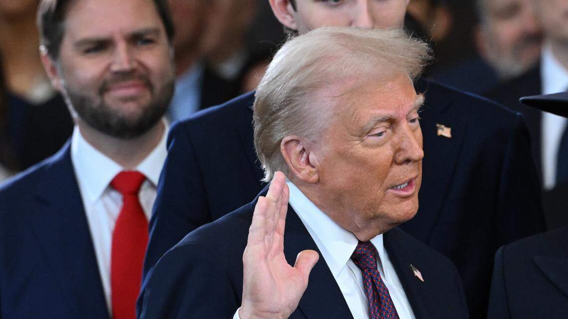 Jan 20, 2025; Washington, DC, USA; Donald Trump is sworn in as the 47th US President in the US Capitol Rotunda in Washington, DC, on January 20, 2025. Mandatory Credit: Saul Loeb-Pool via Imagn Images