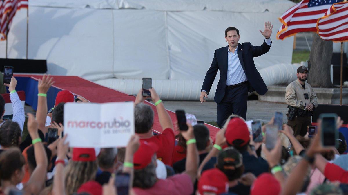 U.S. Sen. Marco Rubio waves to the crowd as he walks on stage to give his remarks at the Miami-Dade County Fair and Exposition on Sunday, November 6, 2022. Former President Donald Trump and a collection of other national and local Republicans campaigned with Rubio on the eve of the Nov. 8 election.