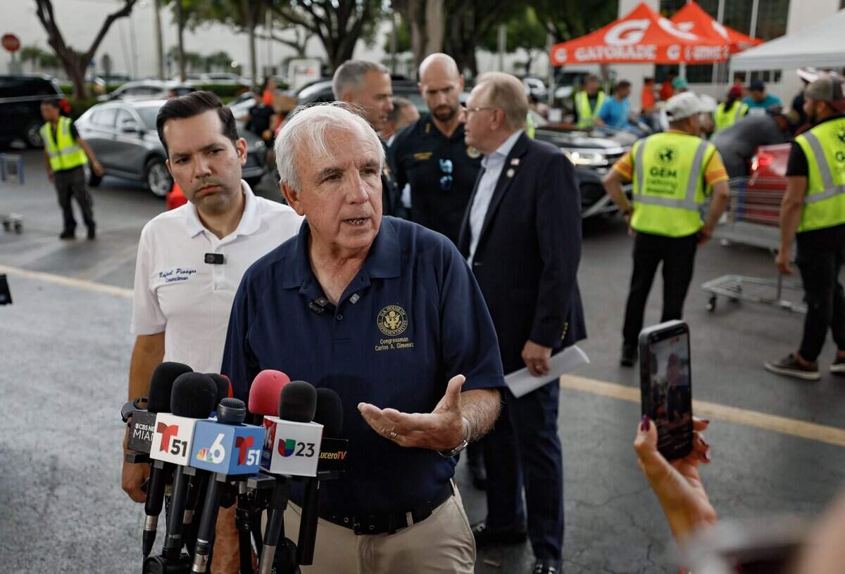 Congressman Carlos A. Giménez speaks to reporters during as he visits the headquarters of Global Empowerment Mission (GEM) in Doral, Florida on Wednesday, July 1, 2026. The organization's humanitarian efforts assists the people of Venezuela and the South Florida community in providing lifesaving assistance to those affected by the disaster.