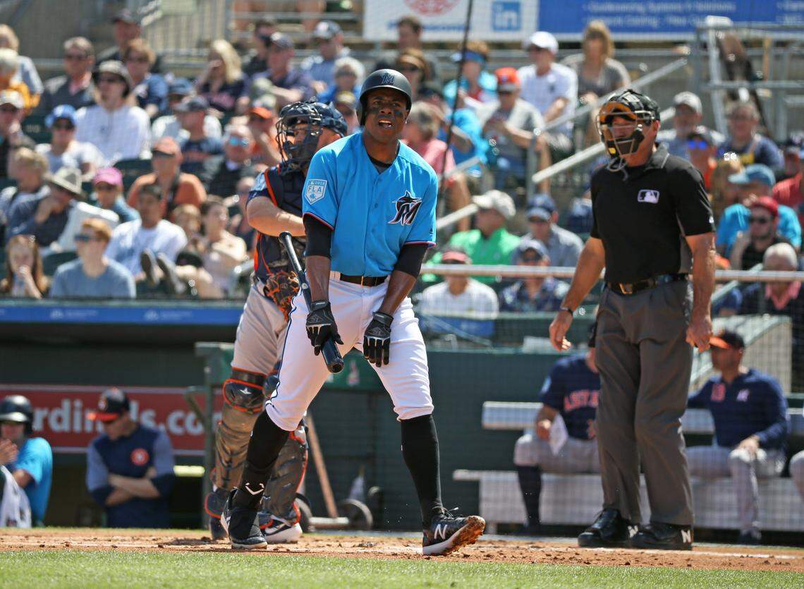 Miami Marlins left fielder Curtis Granderson (21) designated hitter reacts after striking out during the first inning of a Major League Baseball spring training game against the Houston Astros at the Roger Dean Chevrolet Stadium on Thursday, March 7, 2019 in Jupiter, FL.