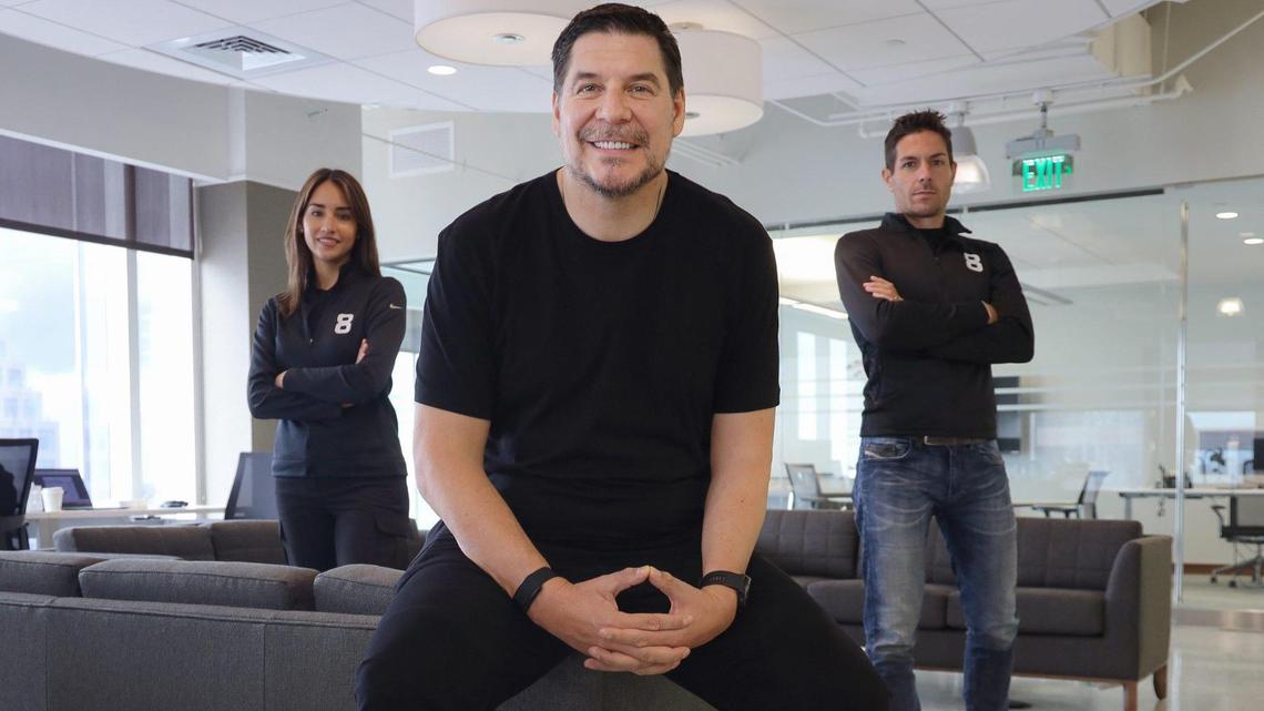 Marcelo Claure, CEO of SoftBank International, with Alexandra Zatarain, Eight Sleep’s vice president of brand and marketing; and Matteo Franceschetti, CEO of Eight Sleep. Eight Sleep, which is moving to Miami from New York, is the third startup to receive funding from SoftBank’s Miami investment initiative.