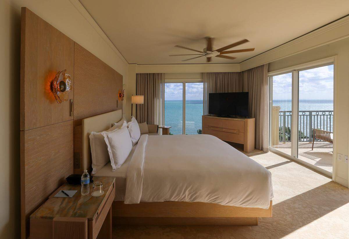 The Ritz-Carlton’s eighth-floor suite master bedroom has been revamped as the luxury hotel reopened after undergoing several months of renovations. Taken on Tuesday, December 16, 2025, in Key Biscayne, Florida. 