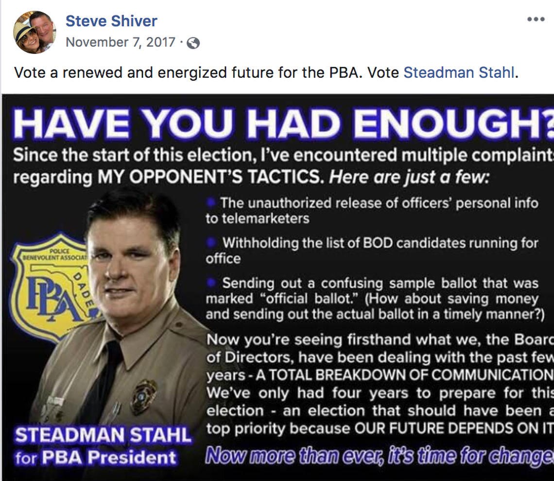 Steve Shiver tweets support for his now-boss at the Police Benevolent Association.