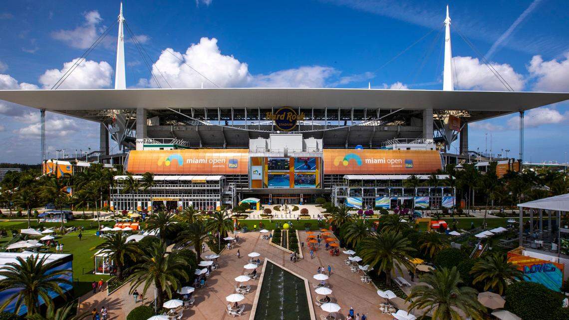 An aerial view from the gondola of the Miami Open tennis tournament at Hard Rock Stadium in Miami Gardens, Florida, on Wednesday, March 23, 2022.