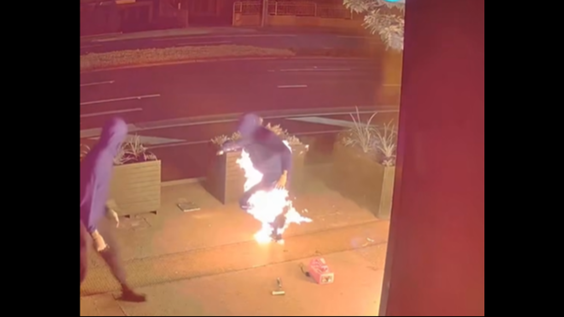 One suspect involved in the attempted arson was seen running down a sidewalk with pants on fire, Victoria Police say.