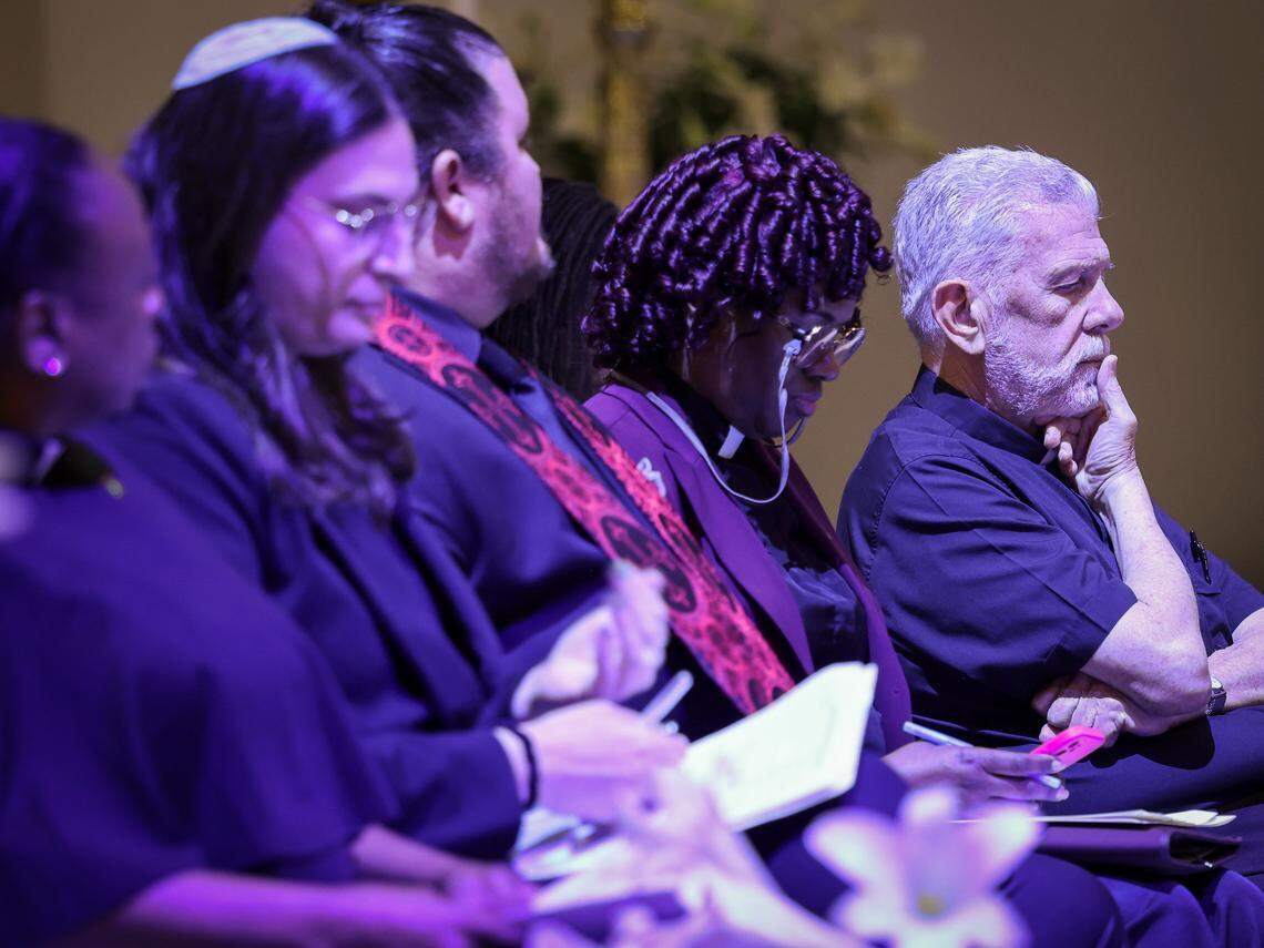 Religious leaders and local and county government officials gather for the Annual Nehemiah Action, a large community-based public assembly organized by faith-based and grassroots justice coalitions, to addressed issues of affordable housing and the cycle of the unsheltered and incarcerated. 