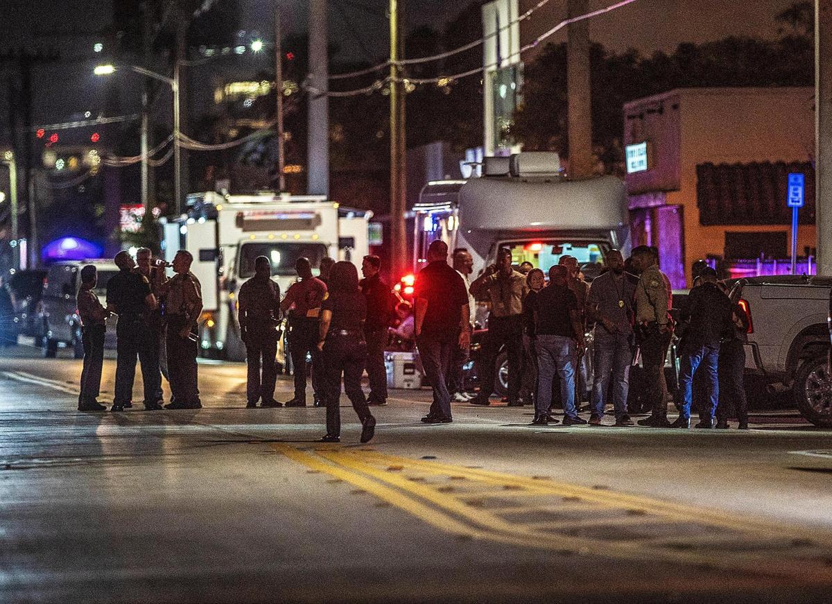 Miami-Dade Police officers shut down and cordoned off the area of Northwest 46th through 41st Streets and Northwest Second Avenue in Miami after a Miami-Dade police officer was ambushed during a narcotics investigation, shot and rushed to Jackson Memorial Hospital’s Ryder Trauma Center on Wednesday March 8, 2023.