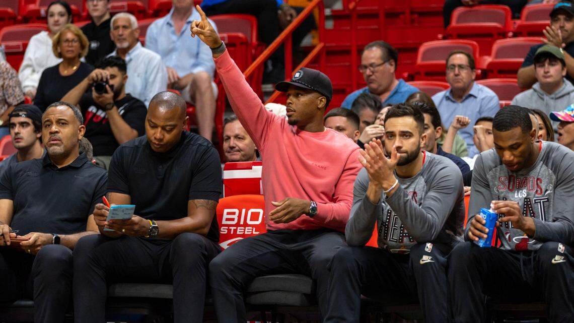 Miami Heat point guard Kyle Lowry (7) reacts to a play from the bench during an NBA game against the Cleveland Cavaliers during the first half of an NBA game at Miami-Dade Arena in Downtown Miami, Florida, on Friday, March 10, 2023.