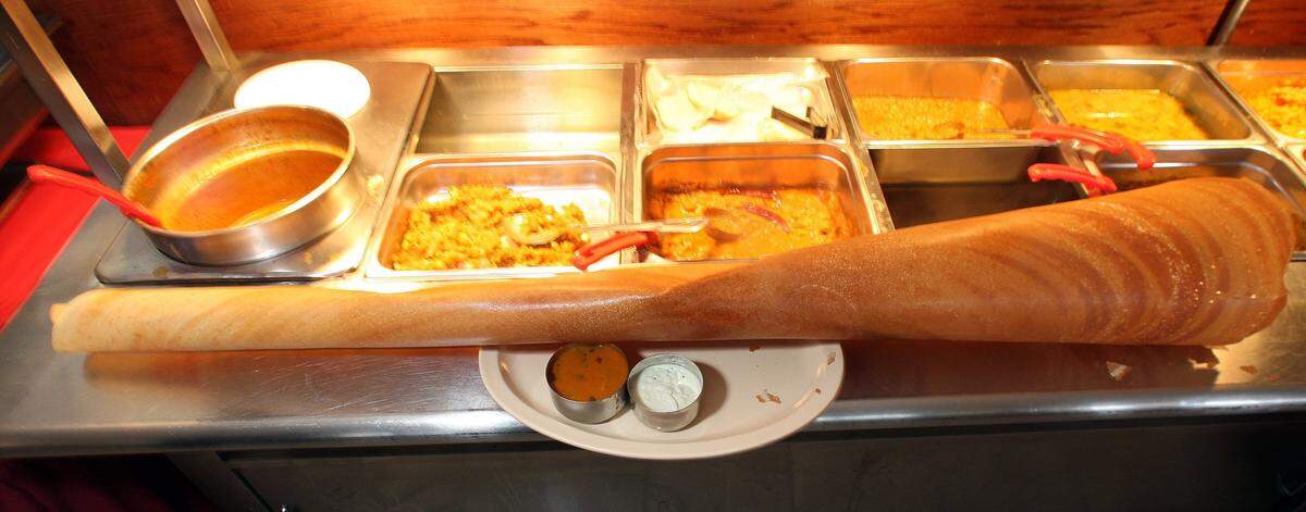 The buffet table at Udipe, a vegetarian Indian restaurant, in 2009.