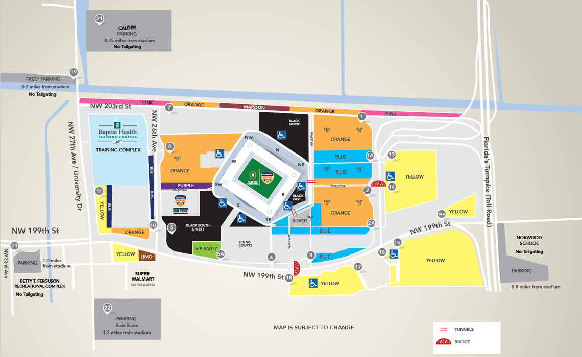 A parking map for Hard Rock Stadium for the Orange Bowl.