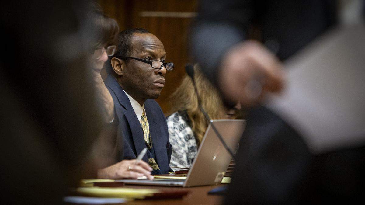 Miami, FL, October 28, 2025 - Labrant Dennis sits in the courtroom during court proceedings in Miami-Dade Criminal Court.  Jurors will decide if Labrant Dennis, convicted of fatally bludgeoning his ex-girlfriend and a UM football player she was seeing, will be sent back to Florida's Death Row.